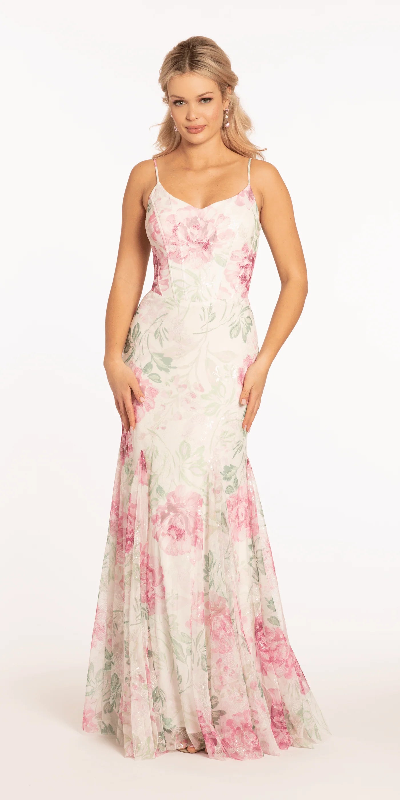 Delicate Pink Floral Sequin V-Neck Spaghetti Strap Back Zip Mermaid Floor-Length Prom Dress