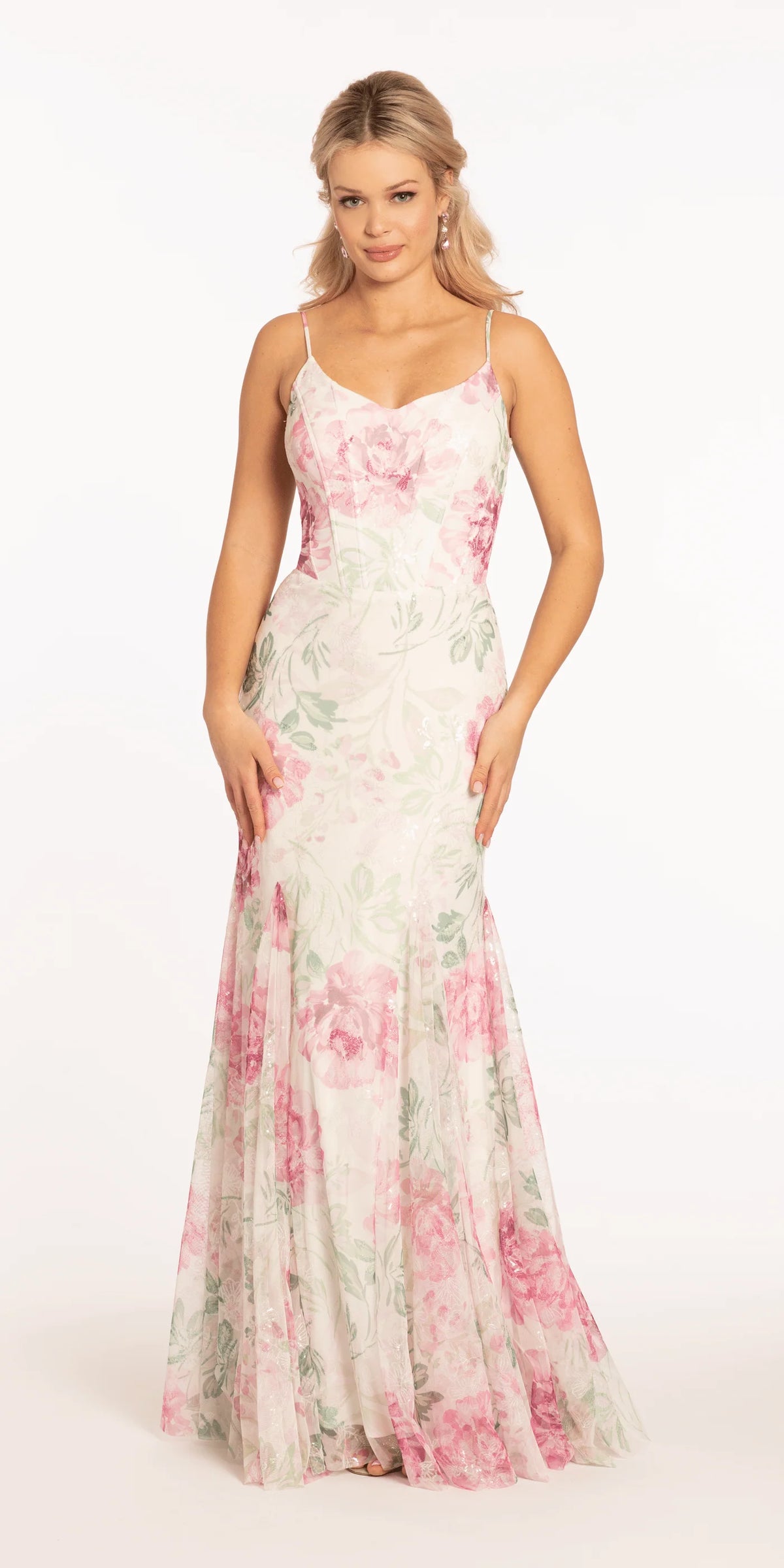 Pink Chiffon Sheath/column Floor-Length Bridesmaid Dress with Floral Sequin Overlay and Sweetheart Neckline