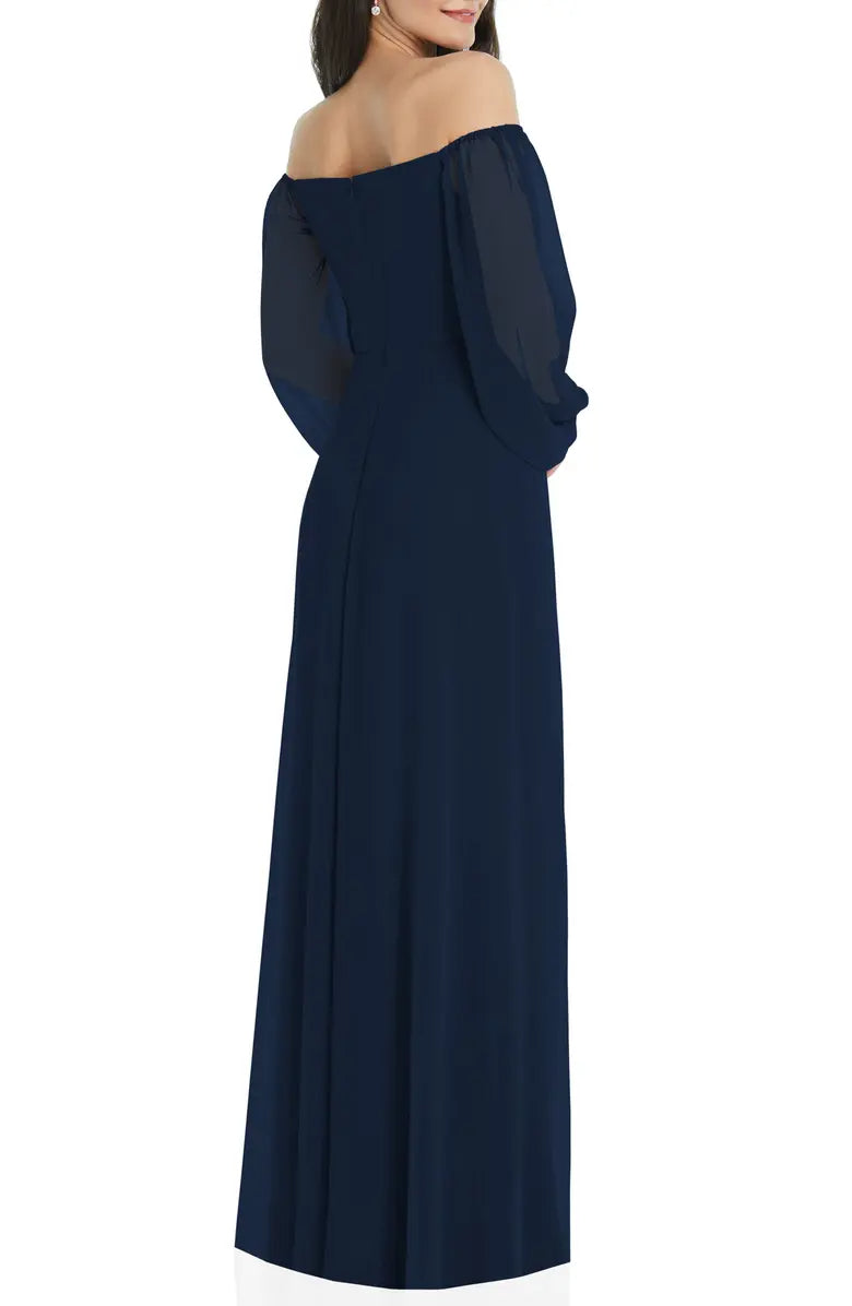 Elegant and minimalist long sleeved strapless off shoulder chiffon and floor length off back evening dress