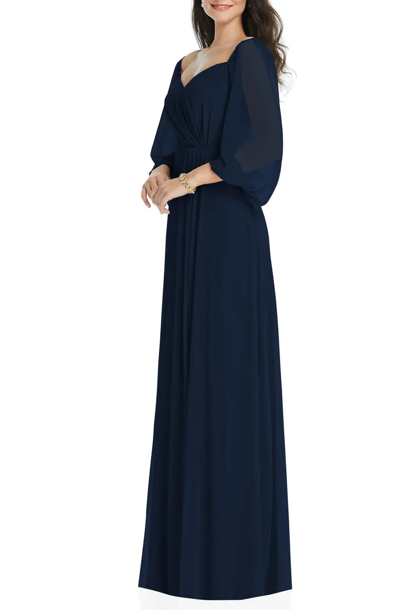 Elegant and minimalist long sleeved strapless off shoulder chiffon and floor length off back evening dress