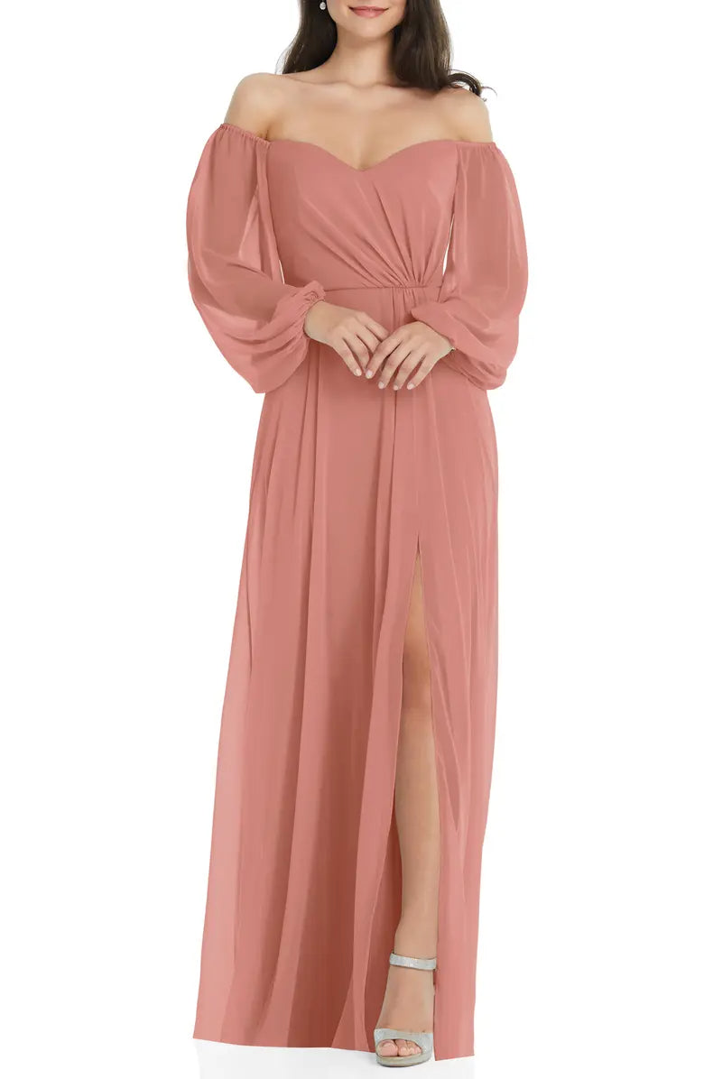 Dark Navy Off-the-Shoulder A-Line Chiffon Floor-Length Bridesmaid Dress
