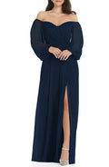 Dark Navy Off-the-Shoulder A-Line Chiffon Floor-Length Bridesmaid Dress