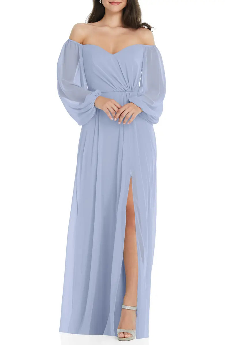 Elegant and minimalist long sleeved strapless off shoulder chiffon and floor length off back evening dress