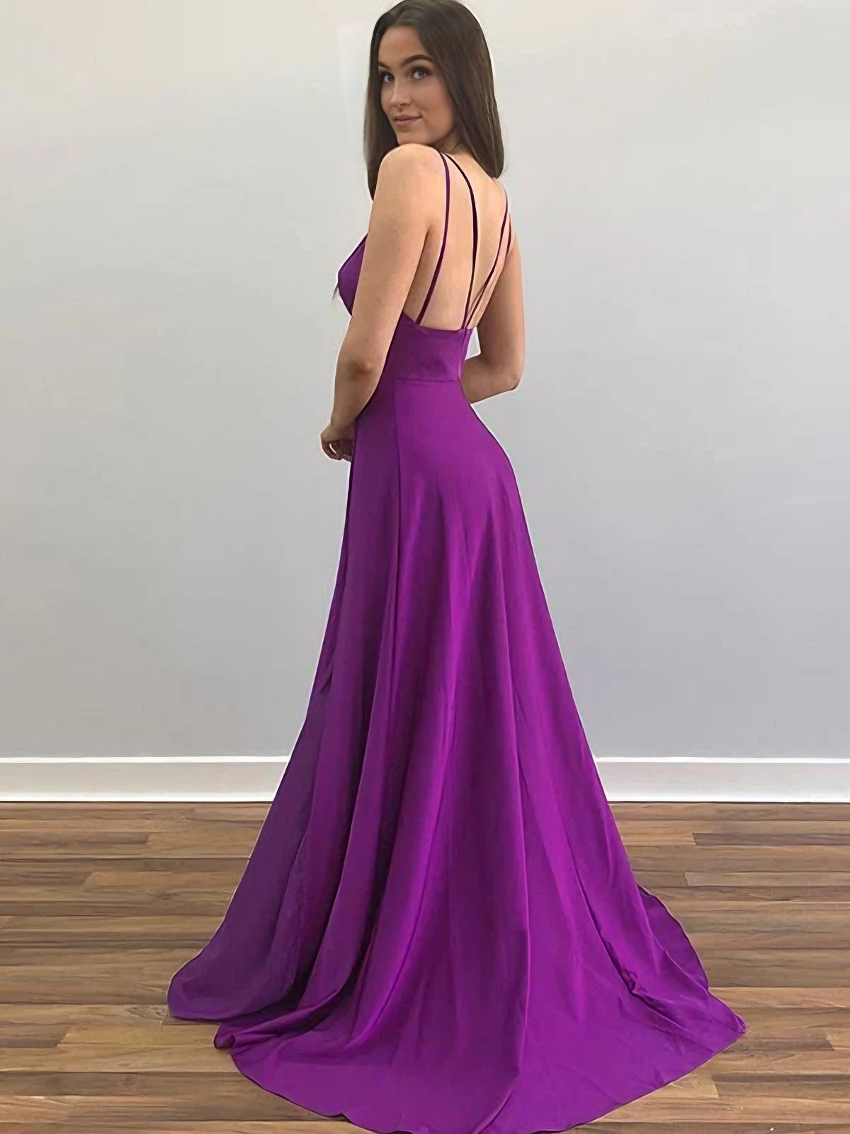 Double Thin Strap Deep V High Slit Strappy Back Train Glossy Satin Long Evening Dresses