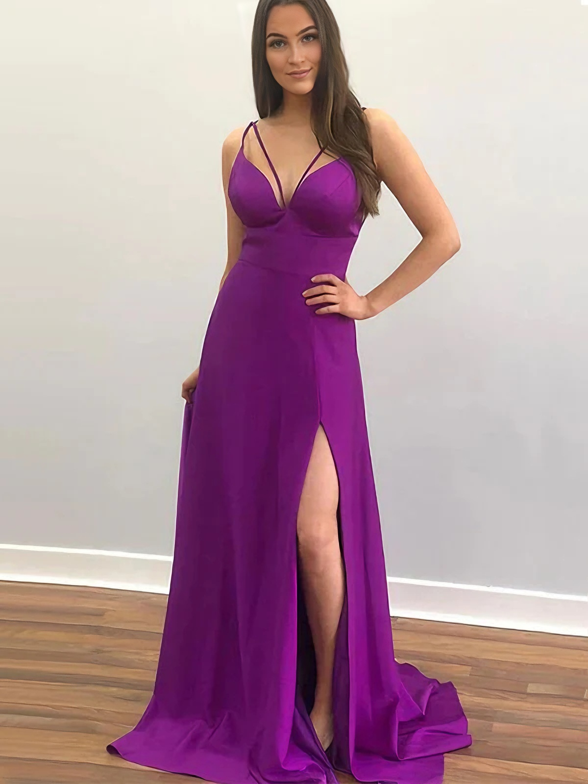 Double Thin Strap Deep V High Slit Strappy Back Train Glossy Satin Long Evening Dresses