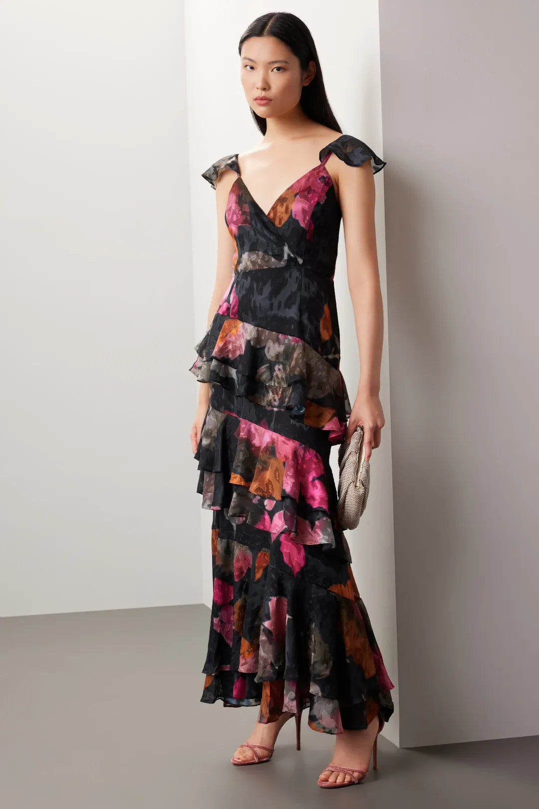 Dramatic Floral Print Mermaid V-Neck Flutter Sleeve Open Back Maxi Prom Dress