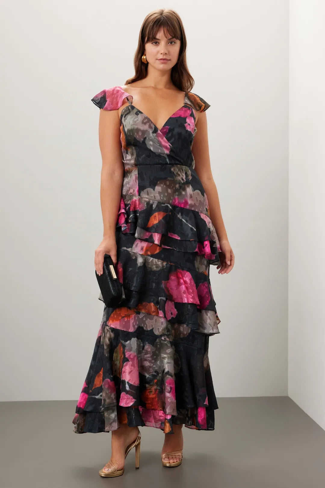 Dramatic Floral Print Mermaid V-Neck Flutter Sleeve Open Back Maxi Prom Dress