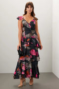 Black Chiffon A-Line Ankle-Length Dress with V-Neck and Tiered Ruffle Skirt