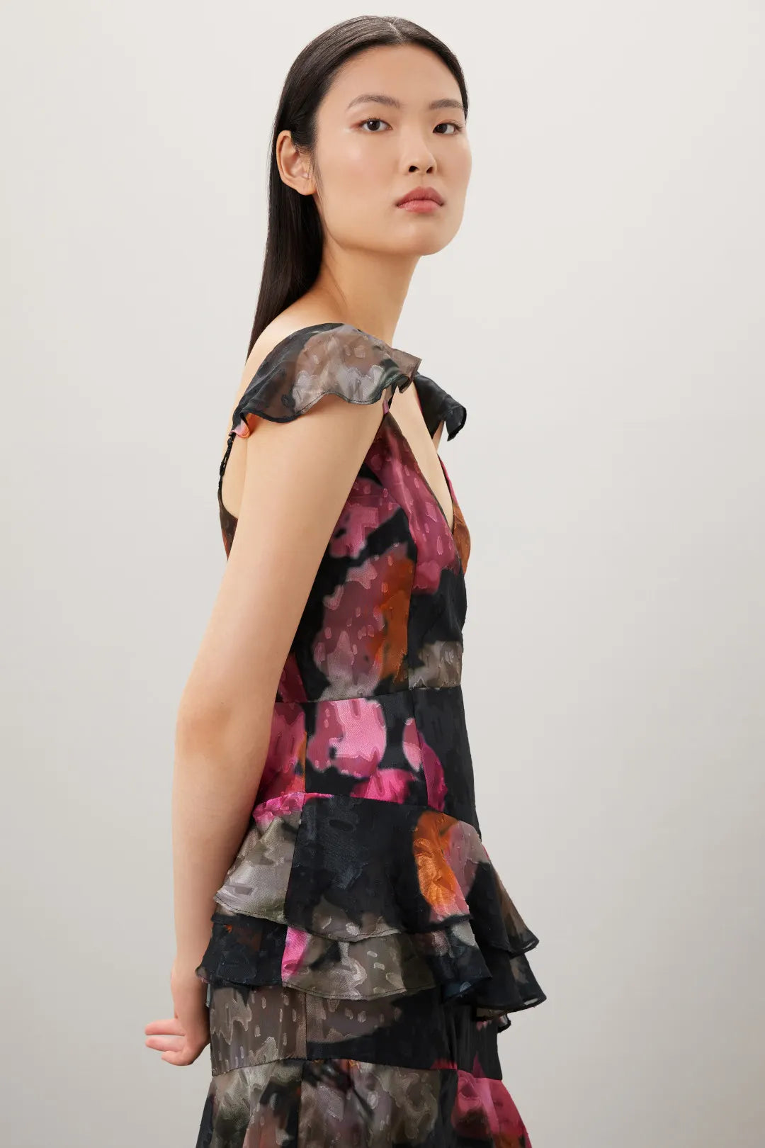 Dramatic Floral Print Mermaid V-Neck Flutter Sleeve Open Back Maxi Prom Dress