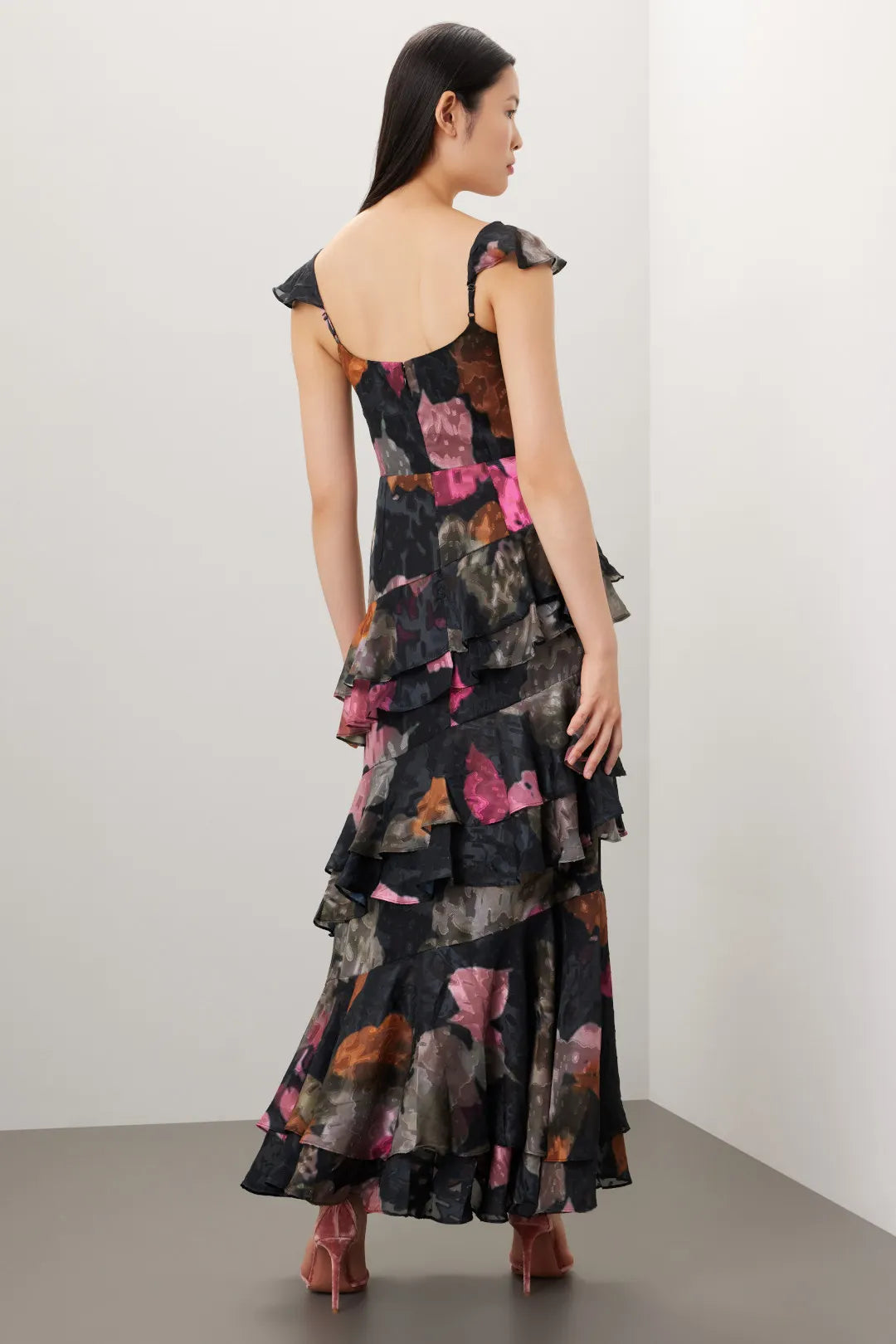 Dramatic Floral Print Mermaid V-Neck Flutter Sleeve Open Back Maxi Prom Dress