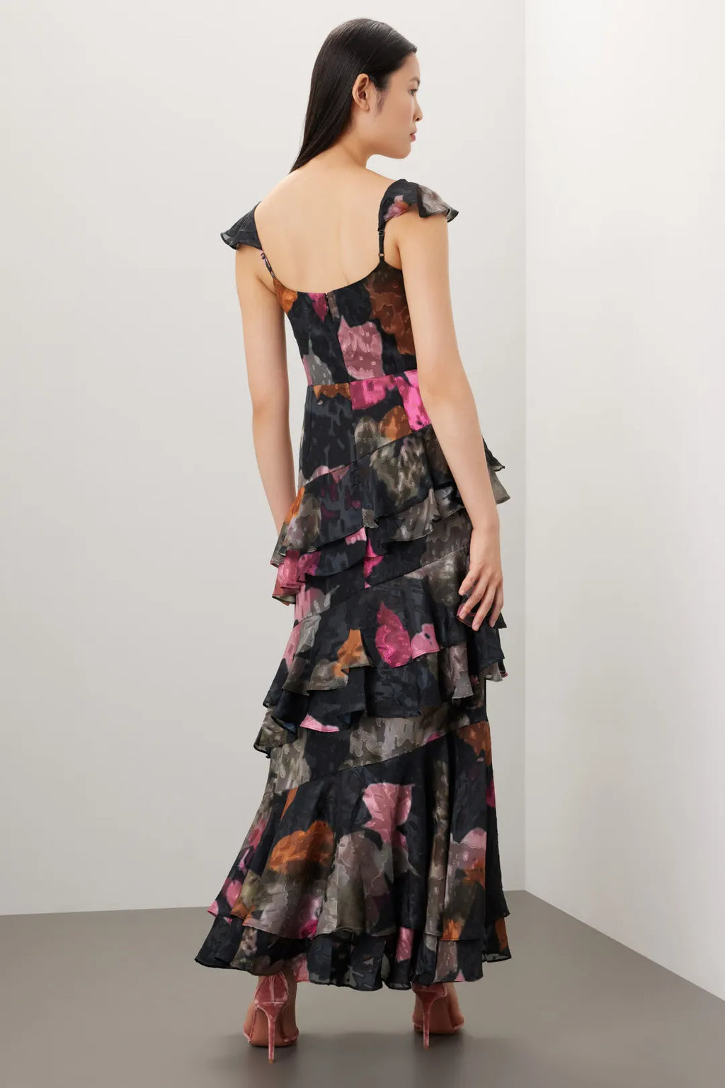 Black Chiffon A-Line Ankle-Length Dress with V-Neck and Tiered Ruffle Skirt