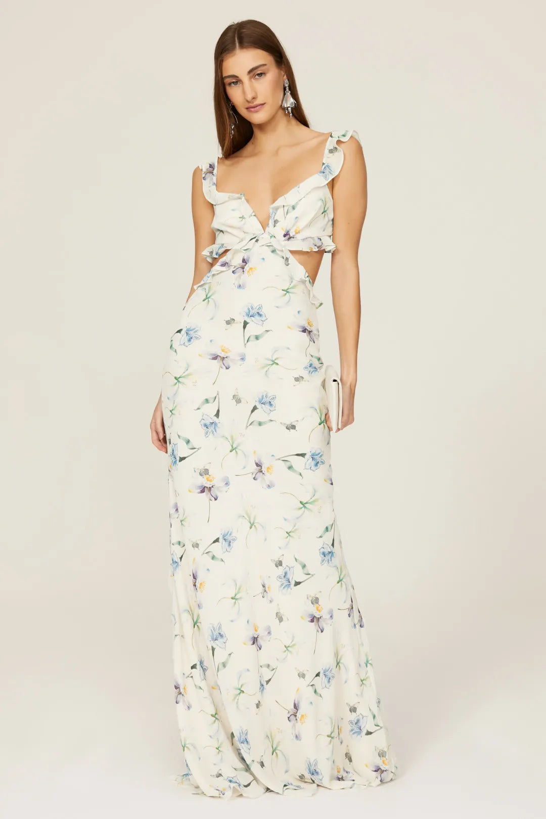 Dreamy Blue Floral Mermaid Sweetheart Ruffle-Strap Cutout Maxi Prom Dresses