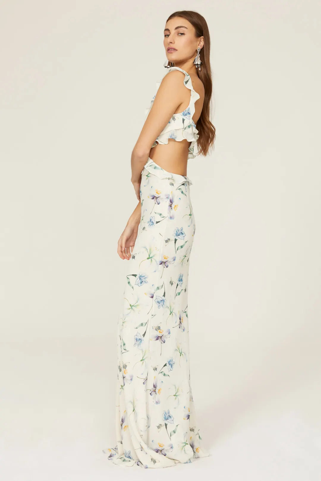 Dreamy Blue Floral Mermaid Sweetheart Ruffle-Strap Cutout Maxi Prom Dresses