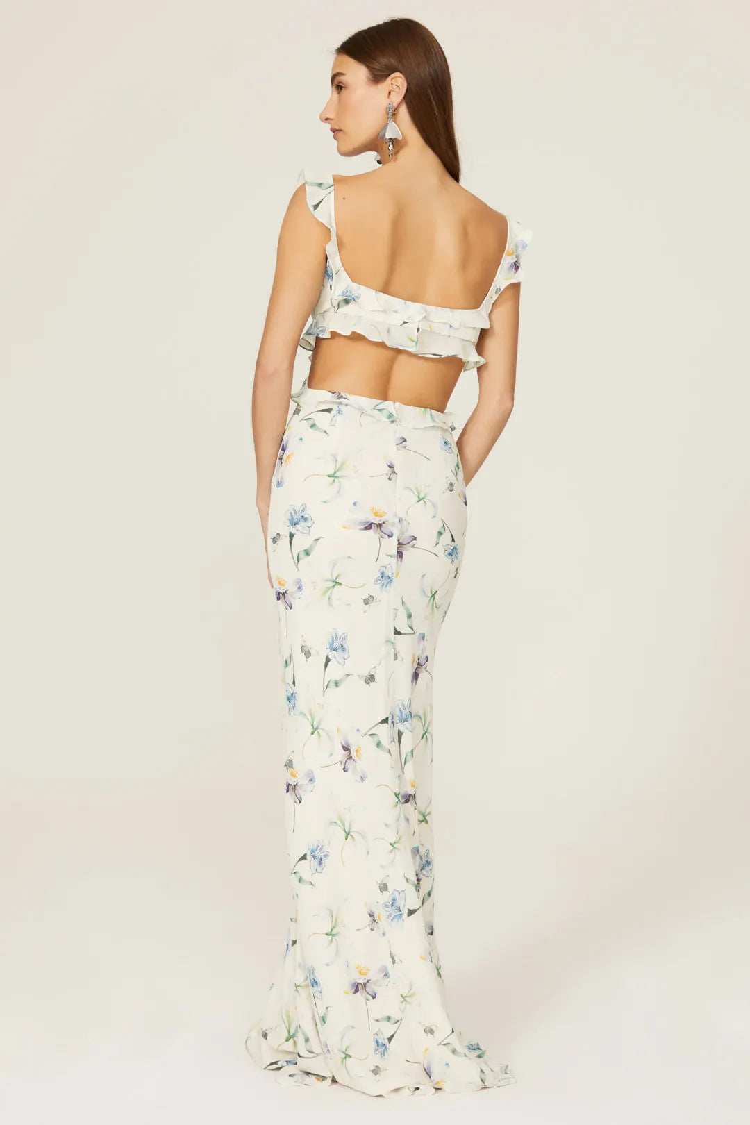 Dreamy Blue Floral Mermaid Sweetheart Ruffle-Strap Cutout Maxi Prom Dresses