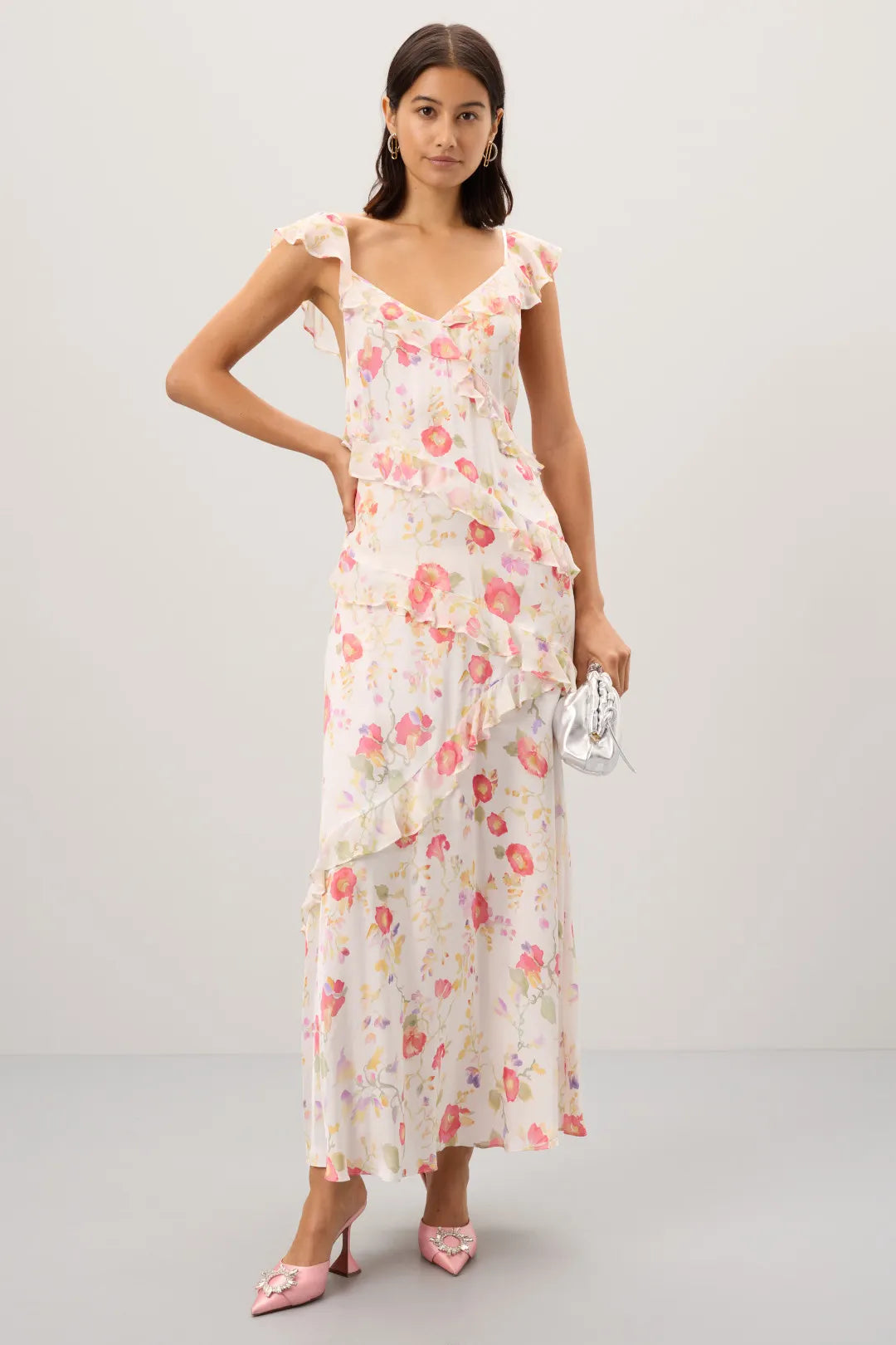 Dreamy Blush Floral A-Line V-Neck Ruffle-Strap Open-Back Maxi Prom Dresses