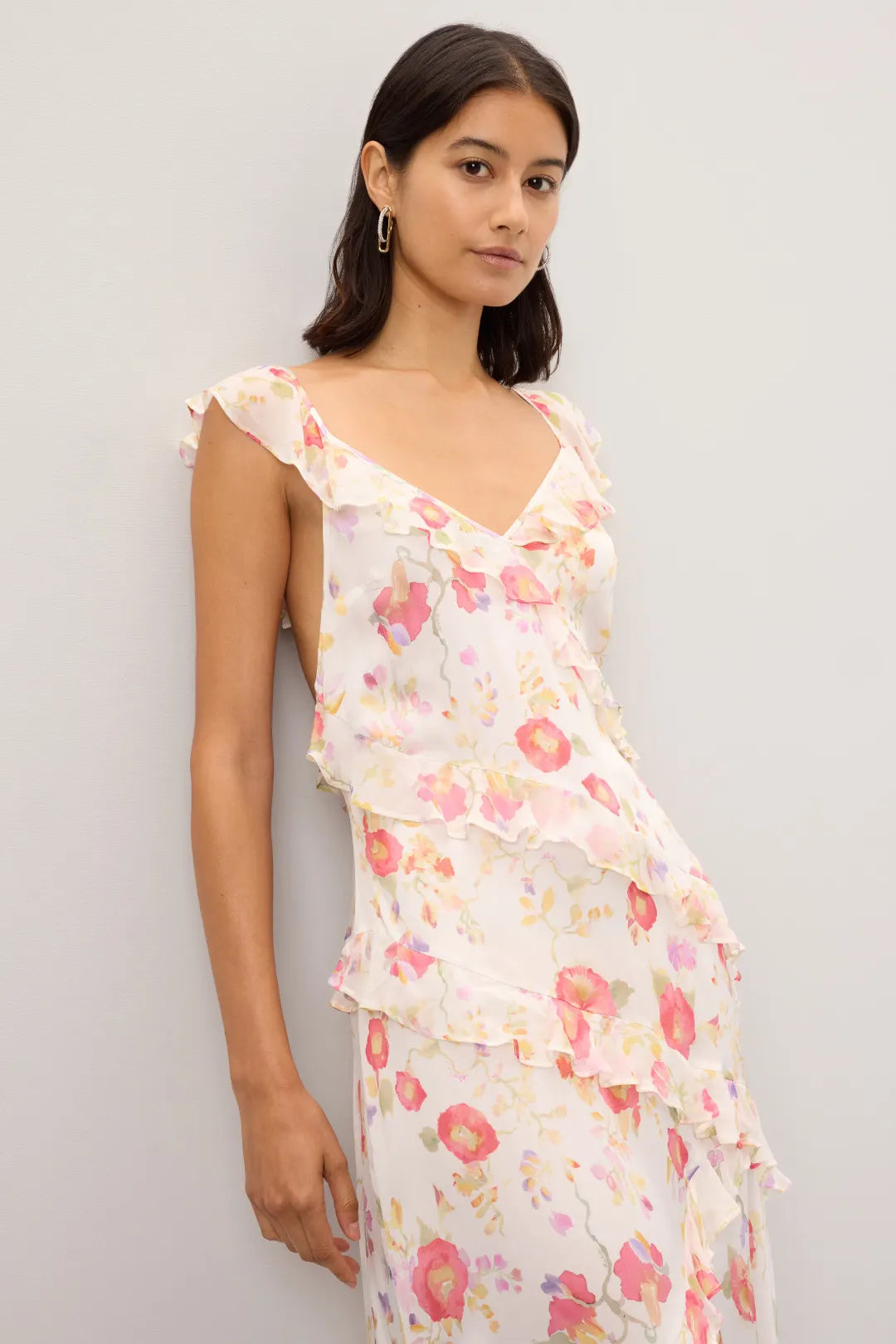 Dreamy Blush Floral A-Line V-Neck Ruffle-Strap Open-Back Maxi Prom Dresses