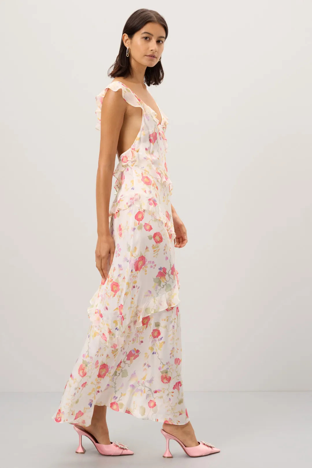 Dreamy Blush Floral A-Line V-Neck Ruffle-Strap Open-Back Maxi Prom Dresses