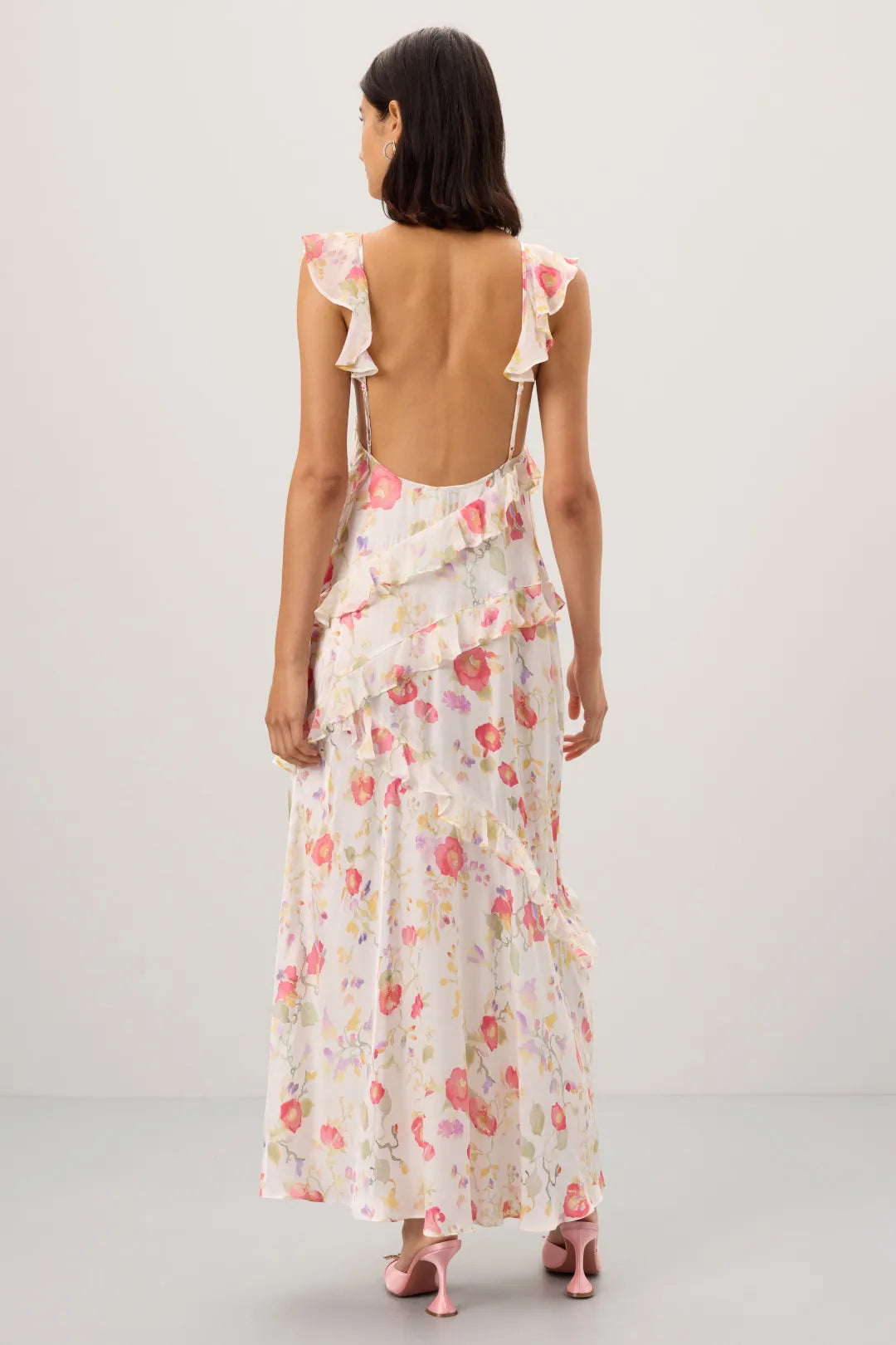 Dreamy Blush Floral A-Line V-Neck Ruffle-Strap Open-Back Maxi Prom Dresses