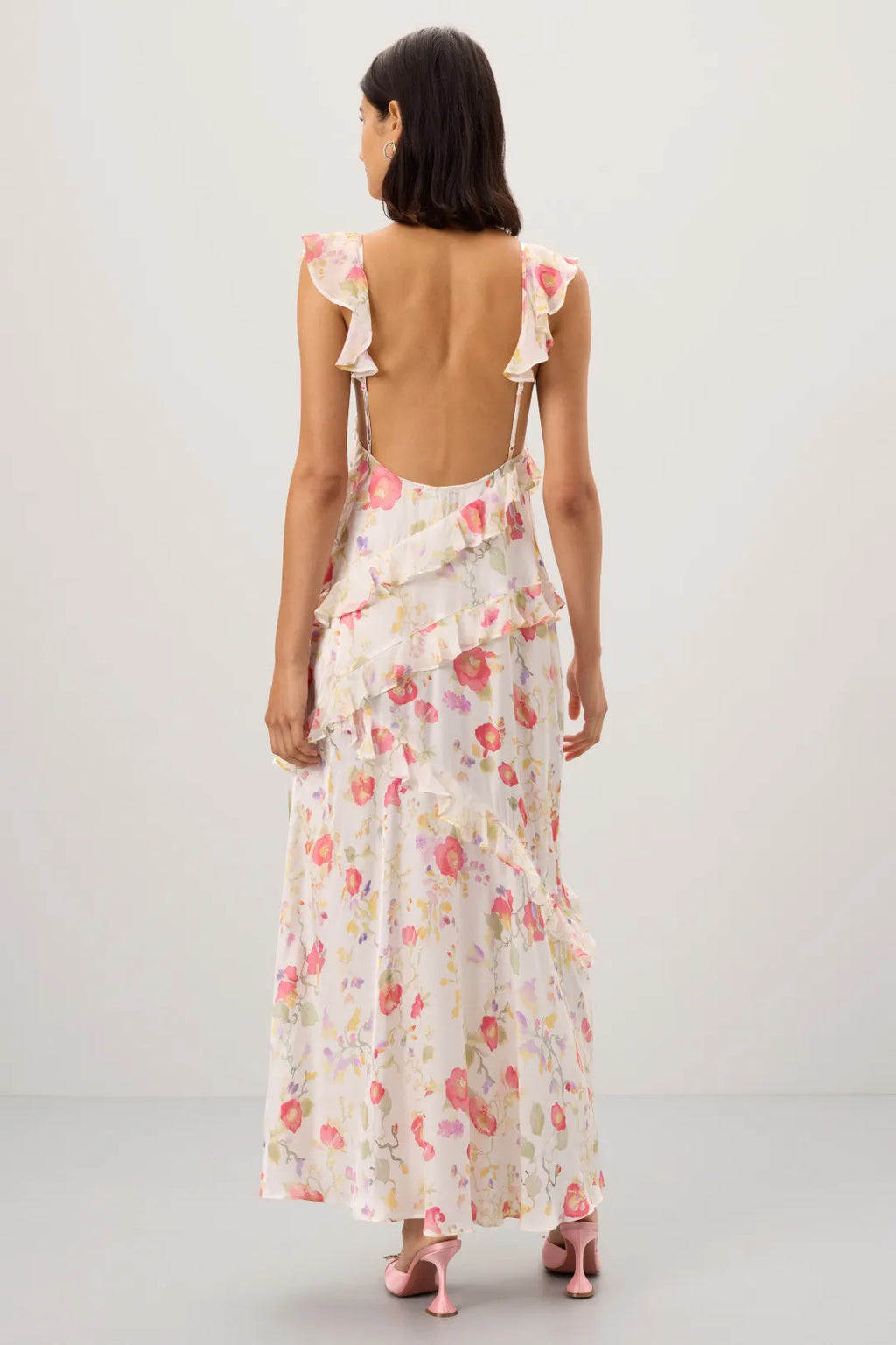Ivory Chiffon A-Line Floor-Length V-Neck Floral Print Ruffle Dress
