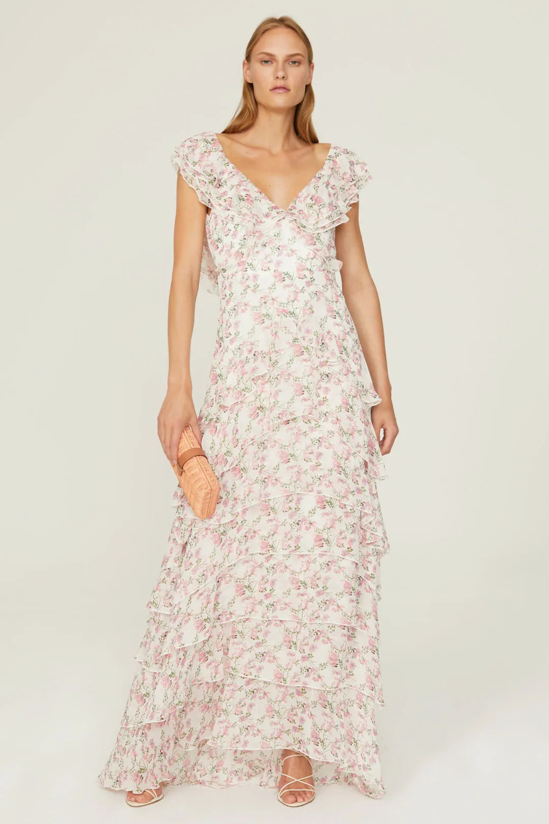 Dreamy Blush Pink A-Line V-Neck Ruffle-Sleeve Floral-Print Floor-Length Prom Dresses