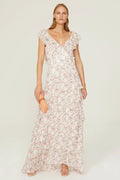 White Chiffon Floral Tiered A-Line Floor-Length V-Neck Dress