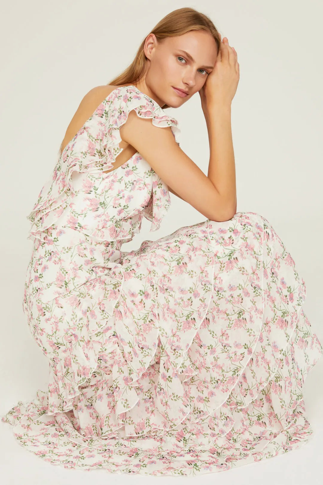 Dreamy Blush Pink A-Line V-Neck Ruffle-Sleeve Floral-Print Floor-Length Prom Dresses