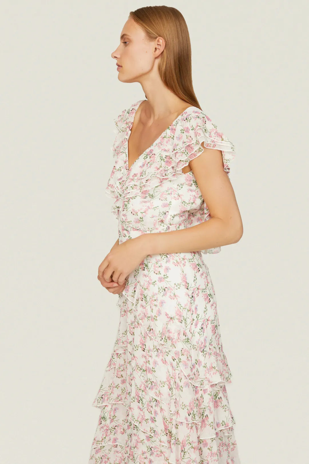Dreamy Blush Pink A-Line V-Neck Ruffle-Sleeve Floral-Print Floor-Length Prom Dresses