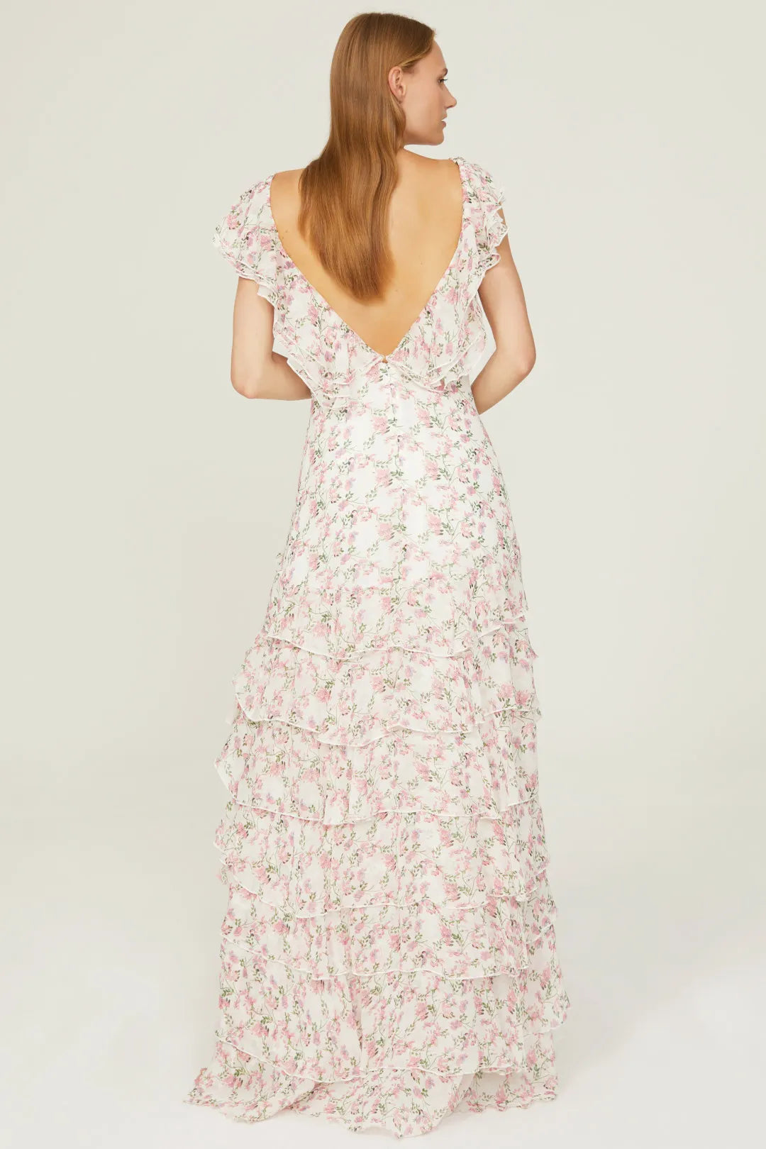 Dreamy Blush Pink A-Line V-Neck Ruffle-Sleeve Floral-Print Floor-Length Prom Dresses