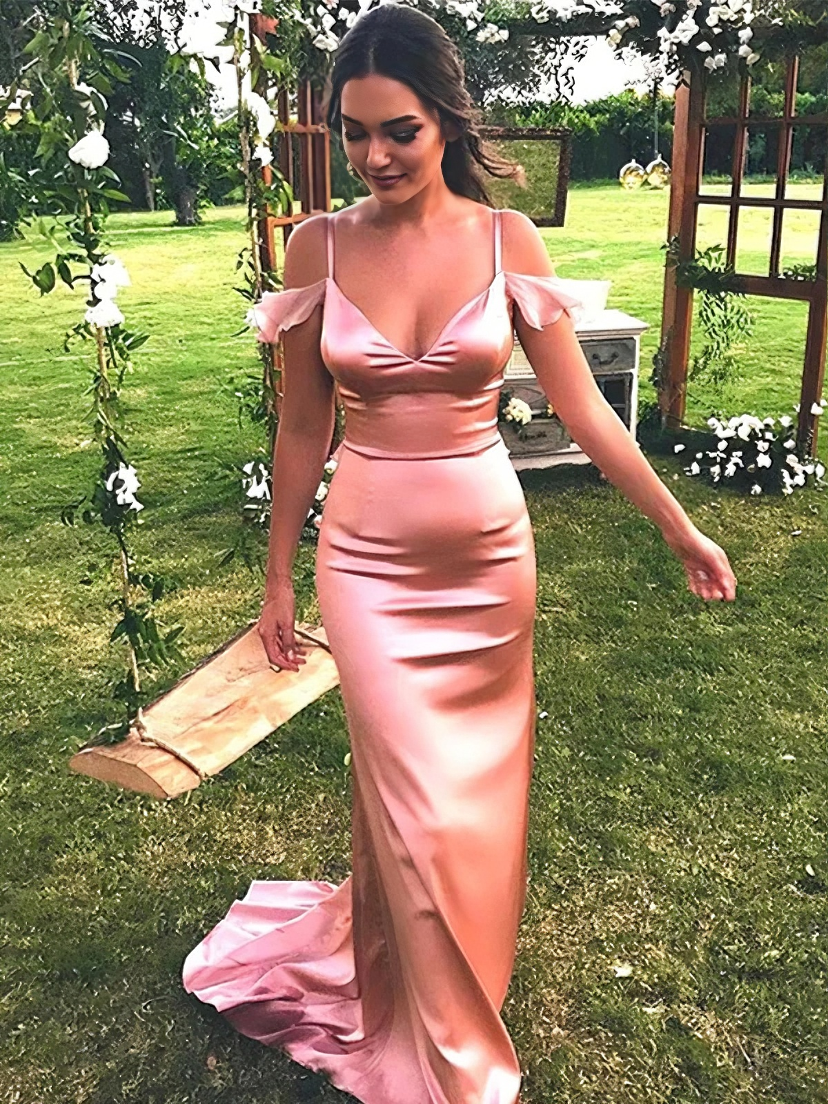 Dreamy Blush Satin Cold Shoulder Ruffle Spaghetti Strap Tie Open Back Mermaid Train Bridesmaid Evening Gown