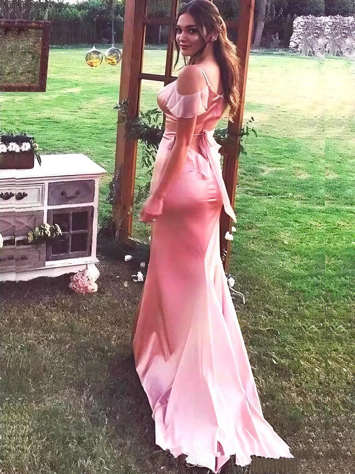 Dreamy Blush Satin Cold Shoulder Ruffle Spaghetti Strap Tie Open Back Mermaid Train Bridesmaid Evening Gown
