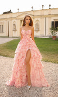 Blushing Pink Chiffon Ruched Bodice Tiered Floor-Length Evening Dress