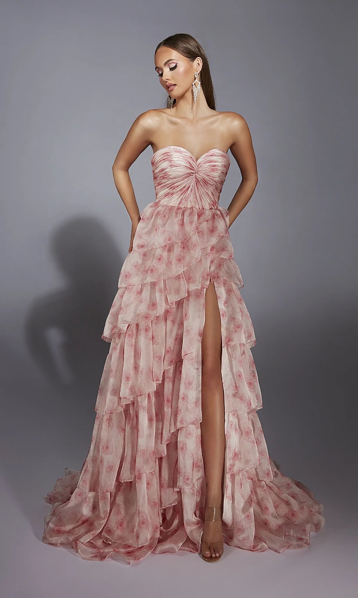 Dreamy Floral Organza A-Line Sweetheart Neck Strapless Back Zip Tiered Ruffle Maxi Prom Dresses