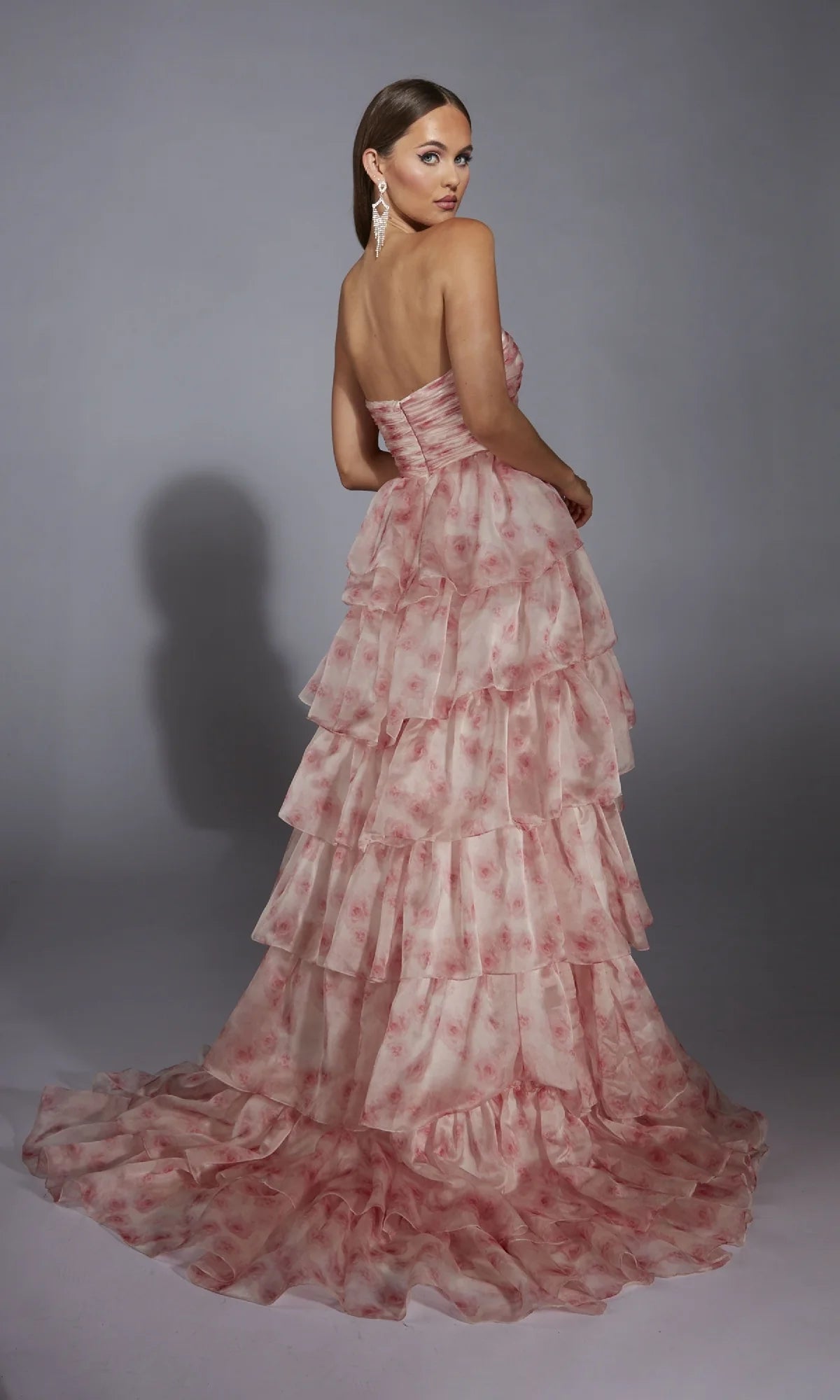 Dreamy Floral Organza A-Line Sweetheart Neck Strapless Back Zip Tiered Ruffle Maxi Prom Dresses