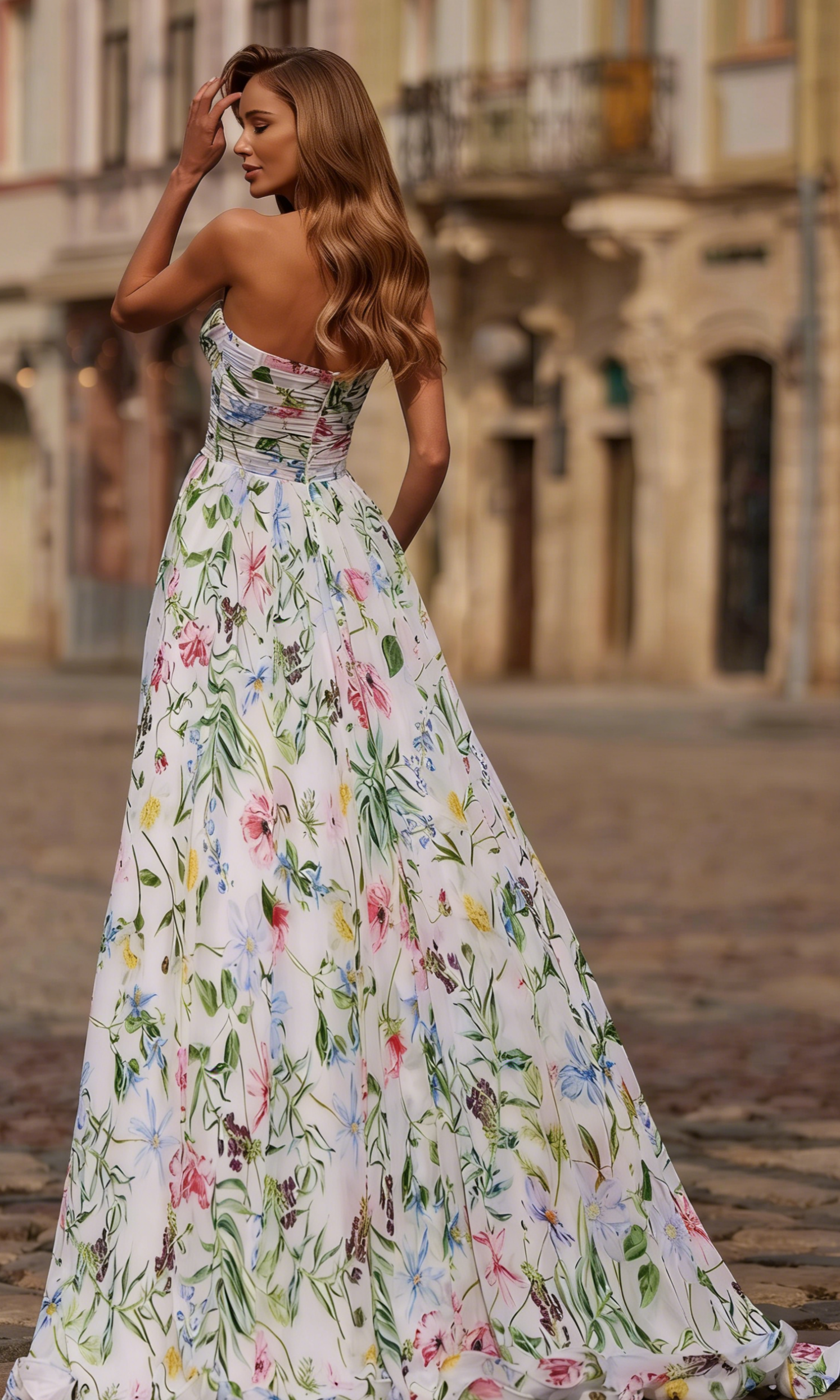 Dreamy Floral Print Chiffon A-Line Strapless Sweetheart Neck Slit Maxi Prom Dresses