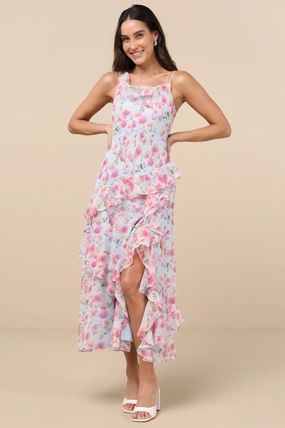 Dreamy Floral Print Chiffon Asymmetrical Spaghetti Strap Cowl Neck Midi Dresses