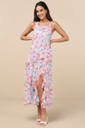 Blushing Pink Chiffon A-Line Midi Dress with Cowl Neckline and Cascading Ruffles