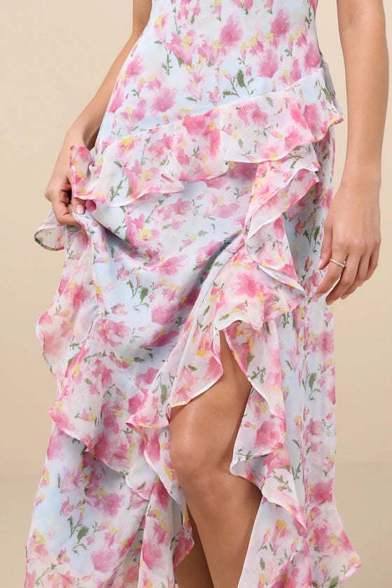Dreamy Floral Print Chiffon Asymmetrical Spaghetti Strap Cowl Neck Midi Dresses