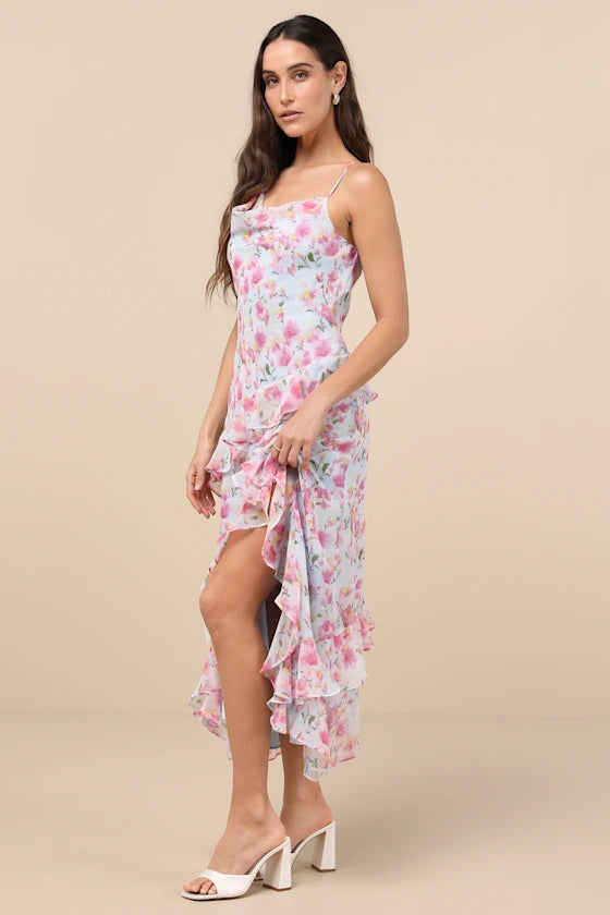 Dreamy Floral Print Chiffon Asymmetrical Spaghetti Strap Cowl Neck Midi Dresses