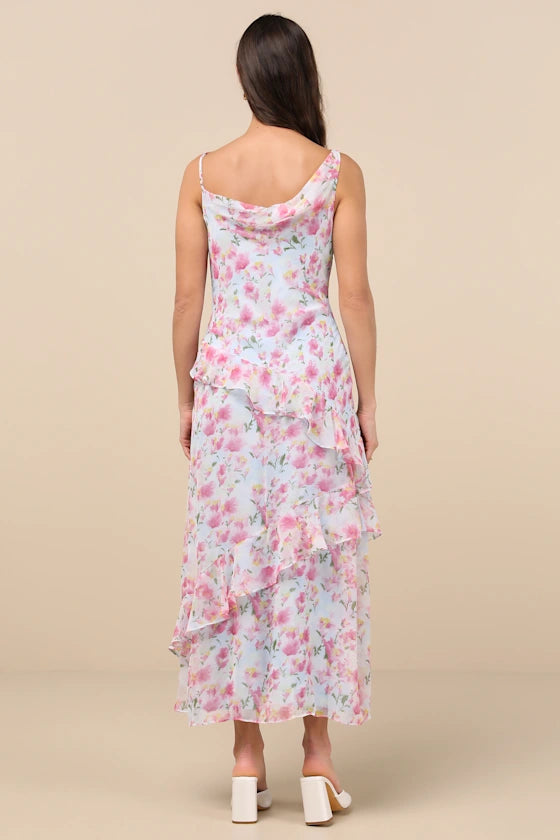Dreamy Floral Print Chiffon Asymmetrical Spaghetti Strap Cowl Neck Midi Dresses