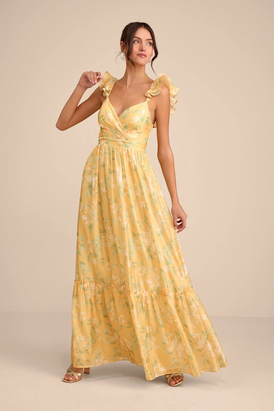 Dreamy Floral Print Chiffon Maxi V-Neck Flutter Sleeve Tiered Ruffle Formal Evening Prom Dresses