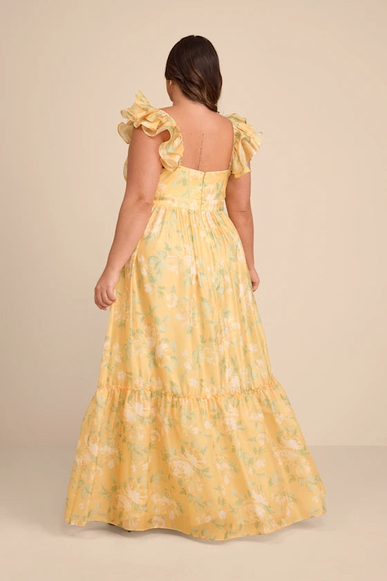 Dreamy Floral Print Chiffon Maxi V-Neck Flutter Sleeve Tiered Ruffle Formal Evening Prom Dresses