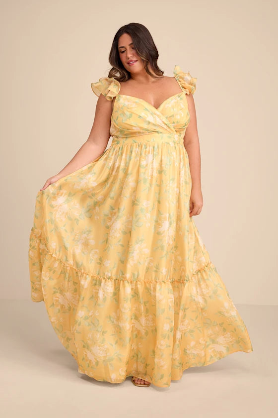 Dreamy Floral Print Chiffon Maxi V-Neck Flutter Sleeve Tiered Ruffle Formal Evening Prom Dresses