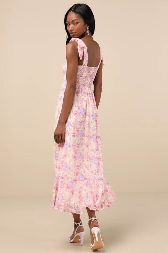 Dreamy Floral Print Chiffon Midi Square Neck Tie Strap Sleeveless Smocked Back Prom Dresses