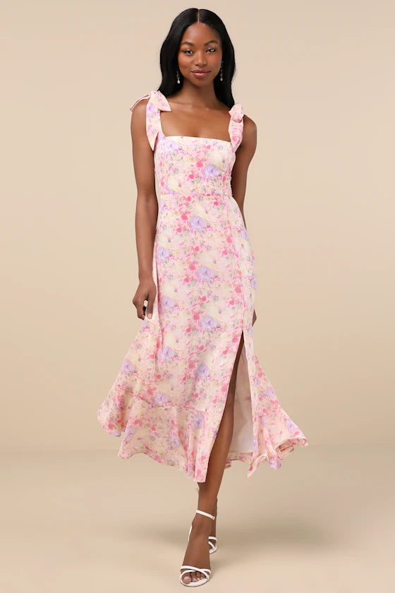 Dreamy Floral Print Chiffon Midi Square Neck Tie Strap Sleeveless Smocked Back Prom Dresses
