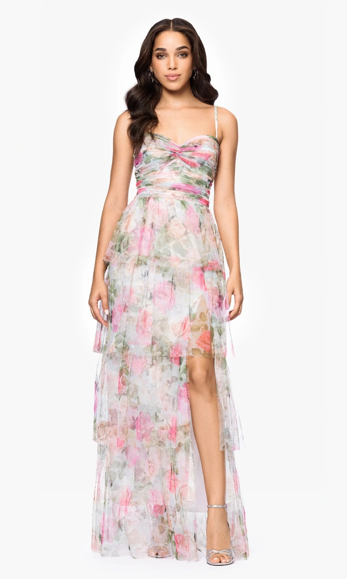 Dreamy Floral Tulle A-Line Sweetheart Neck Spaghetti Strap Lace-Up Back Maxi Prom Dresses