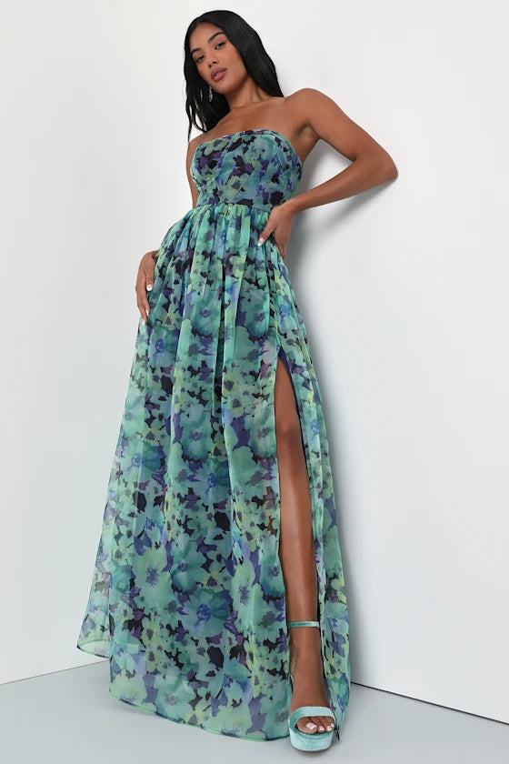 Dreamy Green Floral Chiffon A-Line Strapless Sweetheart Neck Floor-Length Prom Dresses