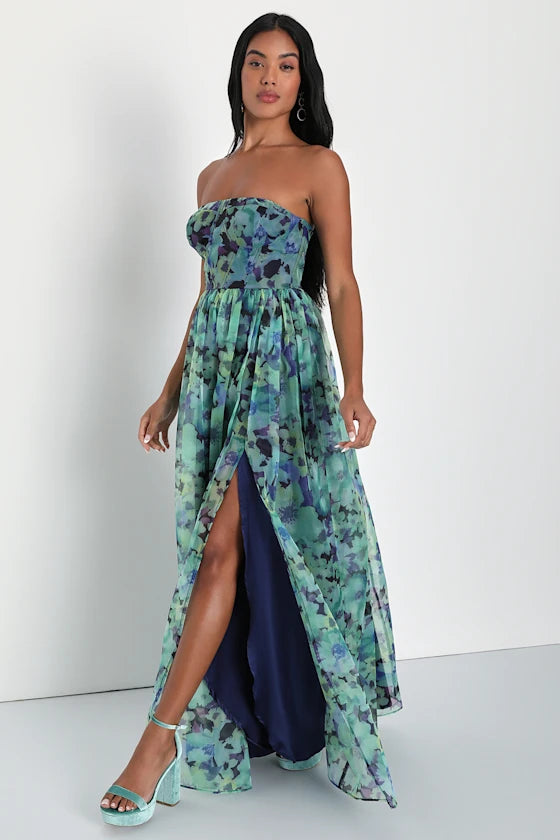 Dreamy Green Floral Chiffon A-Line Strapless Sweetheart Neck Floor-Length Prom Dresses