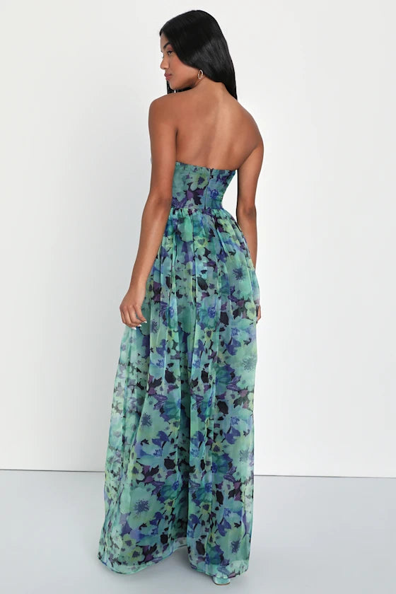 Dreamy Green Floral Chiffon A-Line Strapless Sweetheart Neck Floor-Length Prom Dresses