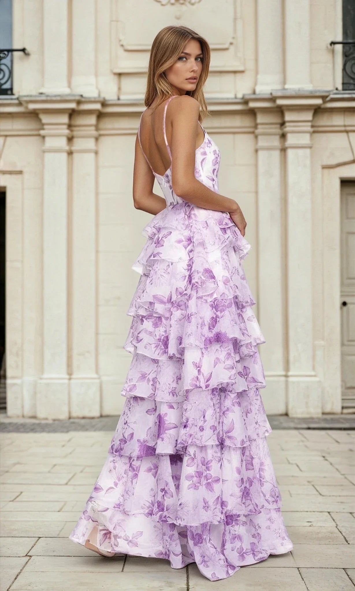 Dreamy Lavender Floral Print Tulle A-Line Spaghetti Strap Ruffled Tiered Prom Dresses