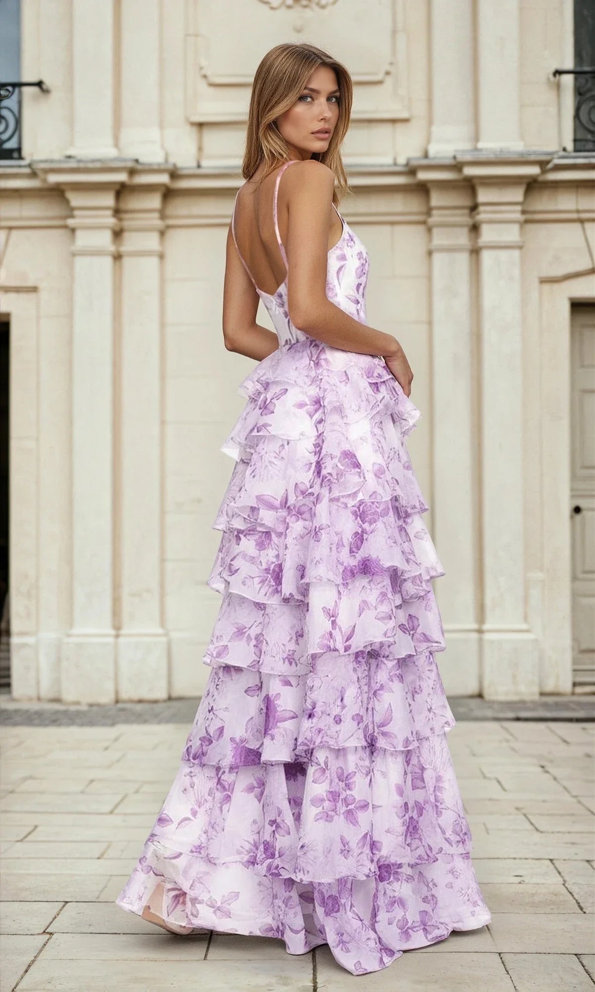 Lavender Chiffon A-Line V-Neck Floor-Length Dress with Tiered Ruffles